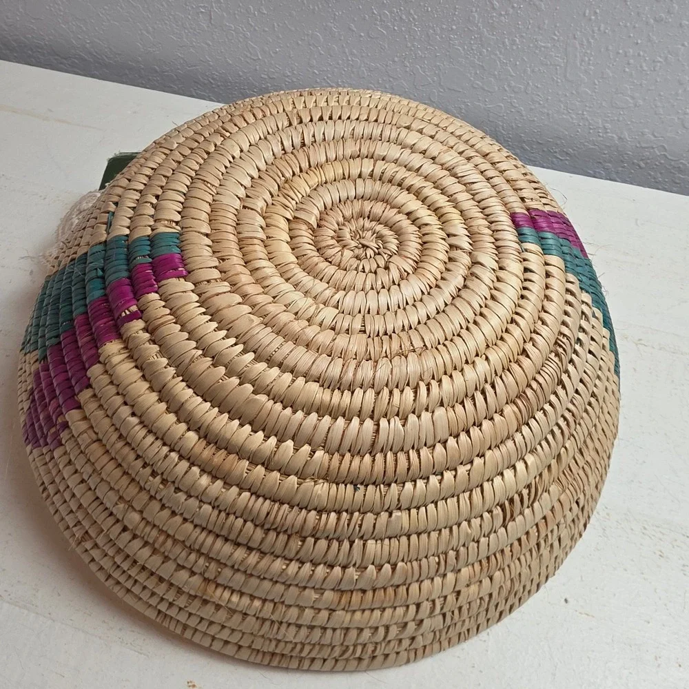 Handcrafted Coil Woven Basket Bowl‎ Southwestern Teal Magenta Geometric Tan